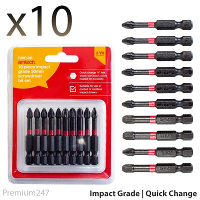 10 x PZ2-50mm Pozi-drive 2 Impact Duty Screwdriver Drill Bits Set Quick Release