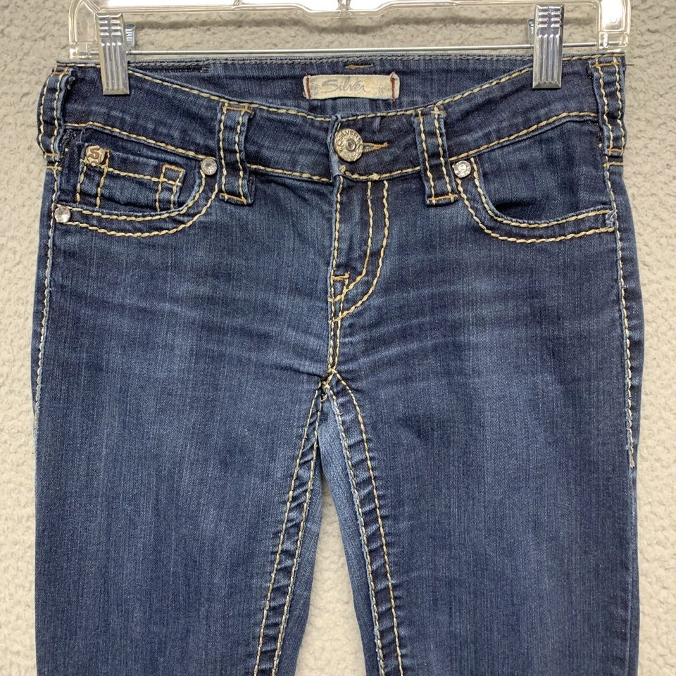 银色牛仔裤青少年尺寸 27x31 厚金色拼接 5 口袋宝石装饰 — 第 2/4 张图片