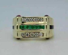 Men's Band 14k Yellow Gold Plated Silver 2Ct Princess Lab Created Green Emerald