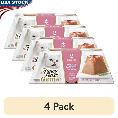 4 Pack Wet Cat Food Mousse Salmon Gravy Pate All Breeds Easy Serve 2oz Tubs New