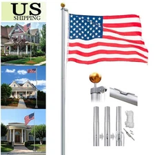25Ft Aluminum Sectional Flagpole Kit Halyard Pole + 1PC US American Flag Kit