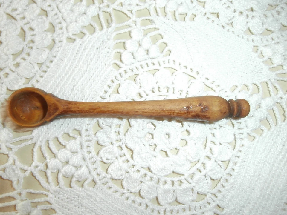 Mostaza de madera torneada primitiva antigua ~ sal ~ cuchara de especias ~ hecha en Francia Foto 3 de 4