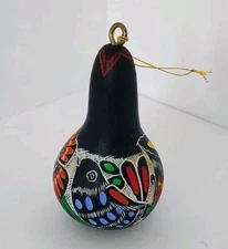 Hand-Painted Peruvian Gourd Ornament Folk Art Mate Burilado Floral & Bird Design