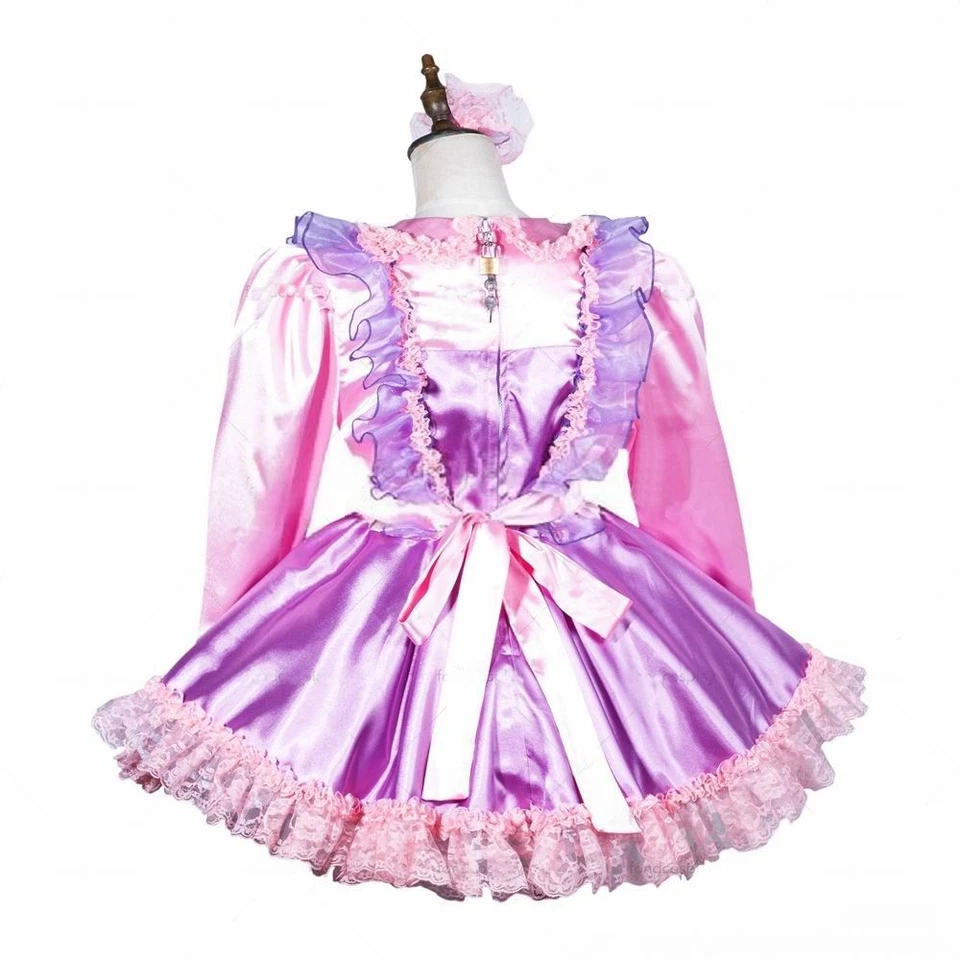 Niña Sissy Maid Manga Larga Bloqueable Púrpura Satén Vestido Disfraz Disfraz a Medida Foto 3 de 4