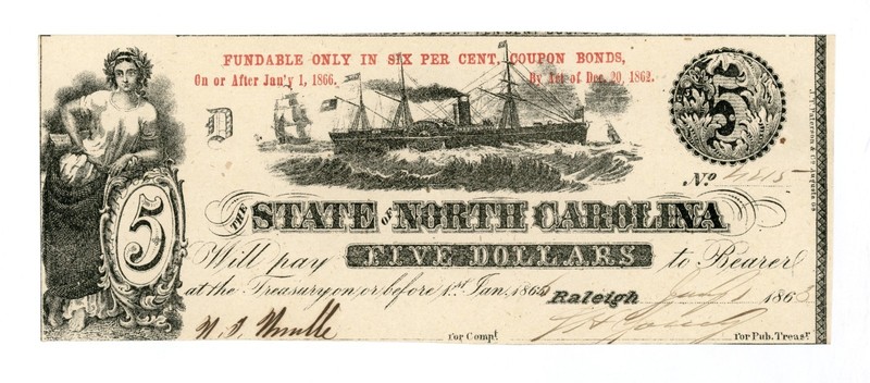 1863 Cr.124B $5 The State of NORTH CAROLINA Note - CIVIL WAR Era XF/AU - RARE!