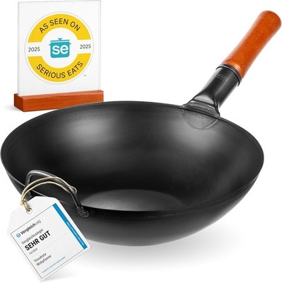 13.5'' Carbon Steel Wok Pan   Pre-Seasoned Flat Bottom Pow Wok Stir Fry BBQ Grill