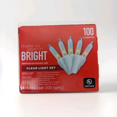 100 CLEAR Light Set MAKE THE SEASON BRIGHT Indoor/Outdoor 20Ft White Wire