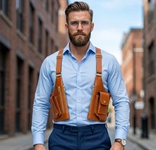 Genuine Cowhide Leather Harnes Bag Holster Tactical Chest Rig Crossbody Shoulder