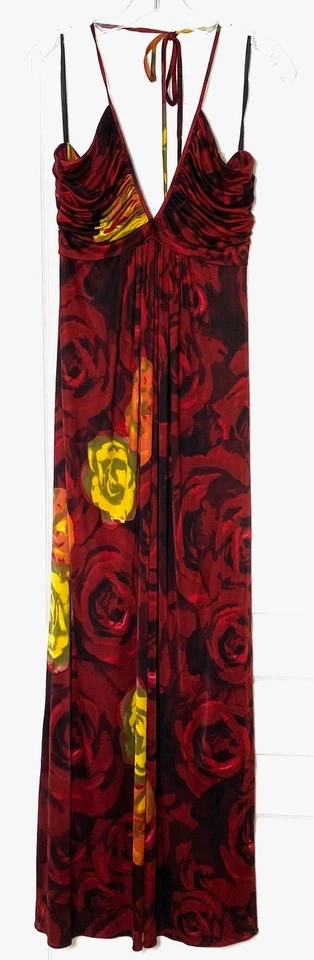 ALICE + OLIVIA Paris Rose Print Silk Ruched Pleated Halter Maxi Dress L = 12 🌹 - Image 3 of 4