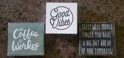 Set of 3 Wood Square Tabletop Plaques Novelty Text Good Vibes Coffee Humor