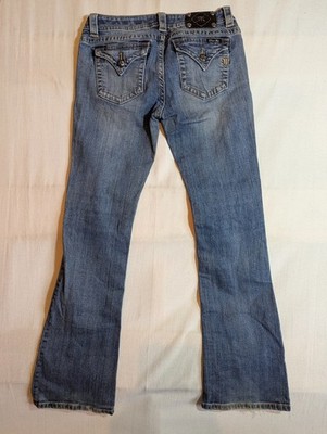 Miss Me Jeans Women's 28 Mid Rise Boot Cut Whiskering Western Riding Denim Blue