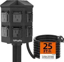 Outdoor Power Strip Weatherproof, 25 FT Extension Cord with Stake, 6 Grounded Ou