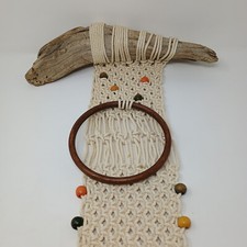 Vintage Driftwood Macrame Double Wooden Ring Hanging Towel Holder with Beads MCM