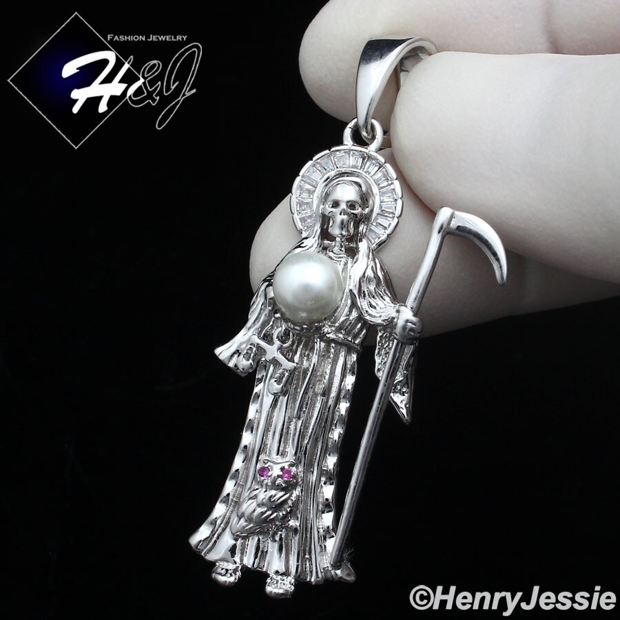 COLGANTE DE SANTA MUERTE PLATA ESTERLINA 925 SÓLIDA PARA HOMBRE CIRCONITA CÚBICA PLATA ESTERLINA 3D*SP441