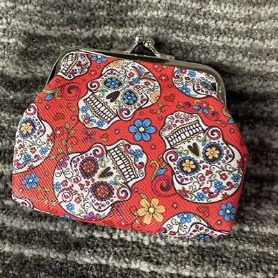 Womens Sugar Skull All Over Coin Purse Money Bag Change Wallet Day Of Dead Red