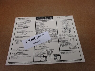 1969 Ford Falcon I6 engine 170 200 AEA tune up chart spec sheet ORIGINAL