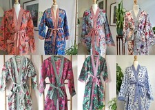 Indian All Bird Striped Border Kimono Cotton Kimono Bath Robe Night Maxi Gown US