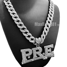 Silver Plated Young Dolph PRE Charm & Iced Cubic Zirconia Cuban Chain Necklace