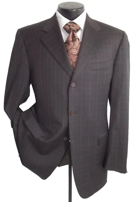 Canali Sake Fifth Avenue Brown Plaid 3Buttons Side Vents Wool Jacket Coat 42 R