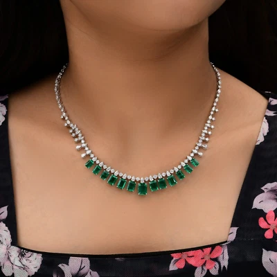 16.00 TCW H/Si Diamant Synthetisch Smaragd Edelstein Halskette 14k Weiß Massiv - Bild 1 von 4