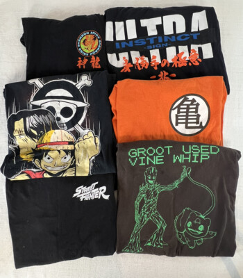 6 DAMAGED Anime Graphic T-Shirts 4S,1M,1L Naruto, Dragon Ball Z, Street Fighter