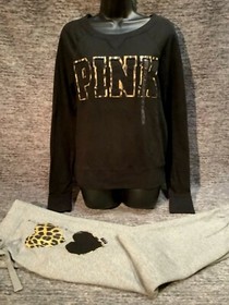Victoria's Secret Pink Leopard Pullover + Pants Set Black Gray Applique M NWT