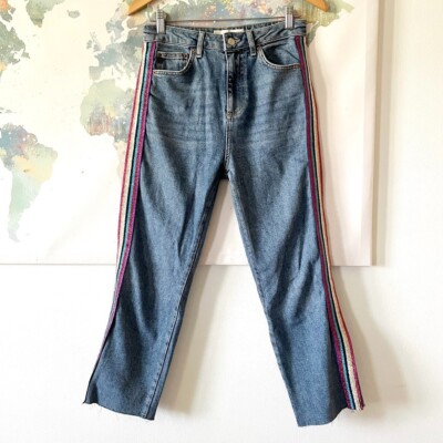 Topshop Moto Jeans Straight Leg Size 28 Medium Wash Glitter Striped Raw Hem 