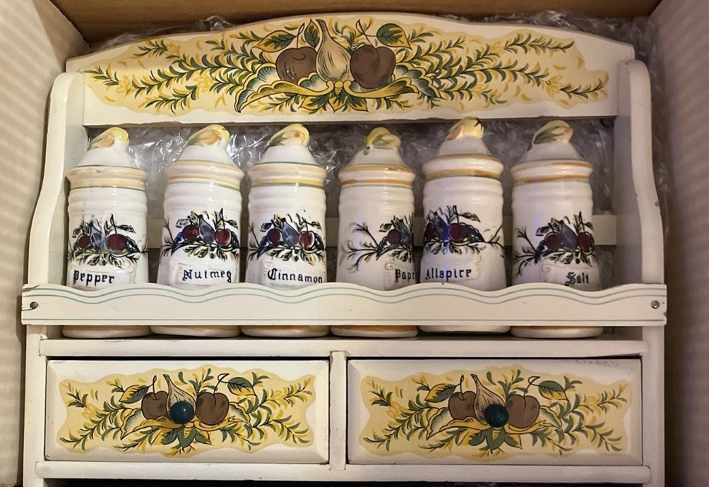 Vintage White Spice Rack with Jars - Arnart Onion - Complete Set - Japan