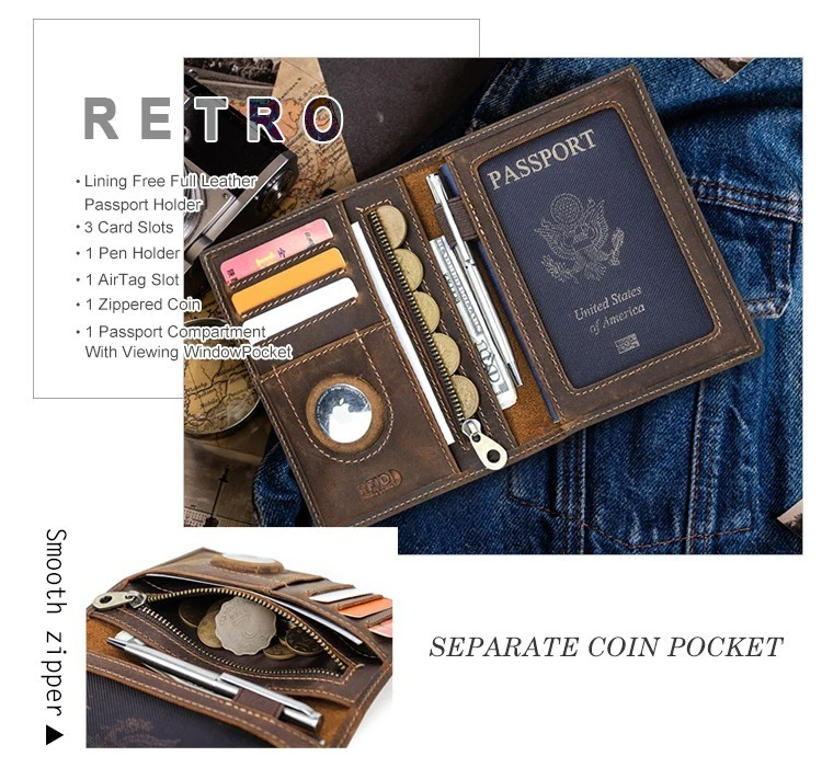 Secure RFID Blocking Passport Wallet Genuine Leather AirTag Holder Card Pockets - Image 4 of 4