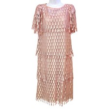 Vintage Union Made Pink Midi Dress Size 10 Layered Tiered Lace Romantic Feminine