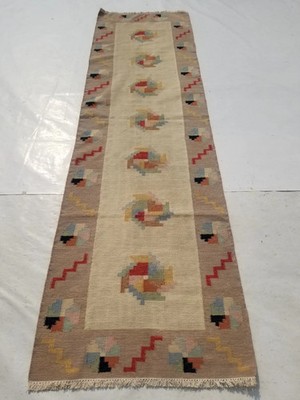 Vintage Handmade Traditional Geometric Beige Kilim Floor Rug Carpet 9.4x2.7ft