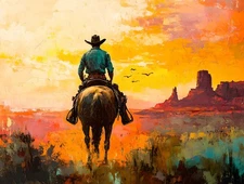 Western Art Cowboy Encaustic Sunset Landscape Home Decor Wall Art Print Painting