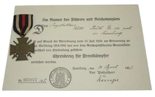 Original WWI 1934 German Military Hindenburg Cross Medal & Document DR13