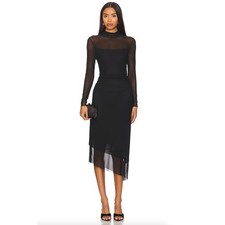 Steve Madden | Blare Dress in Black Mesh Asymmetric Overlay Midi Revolve XL