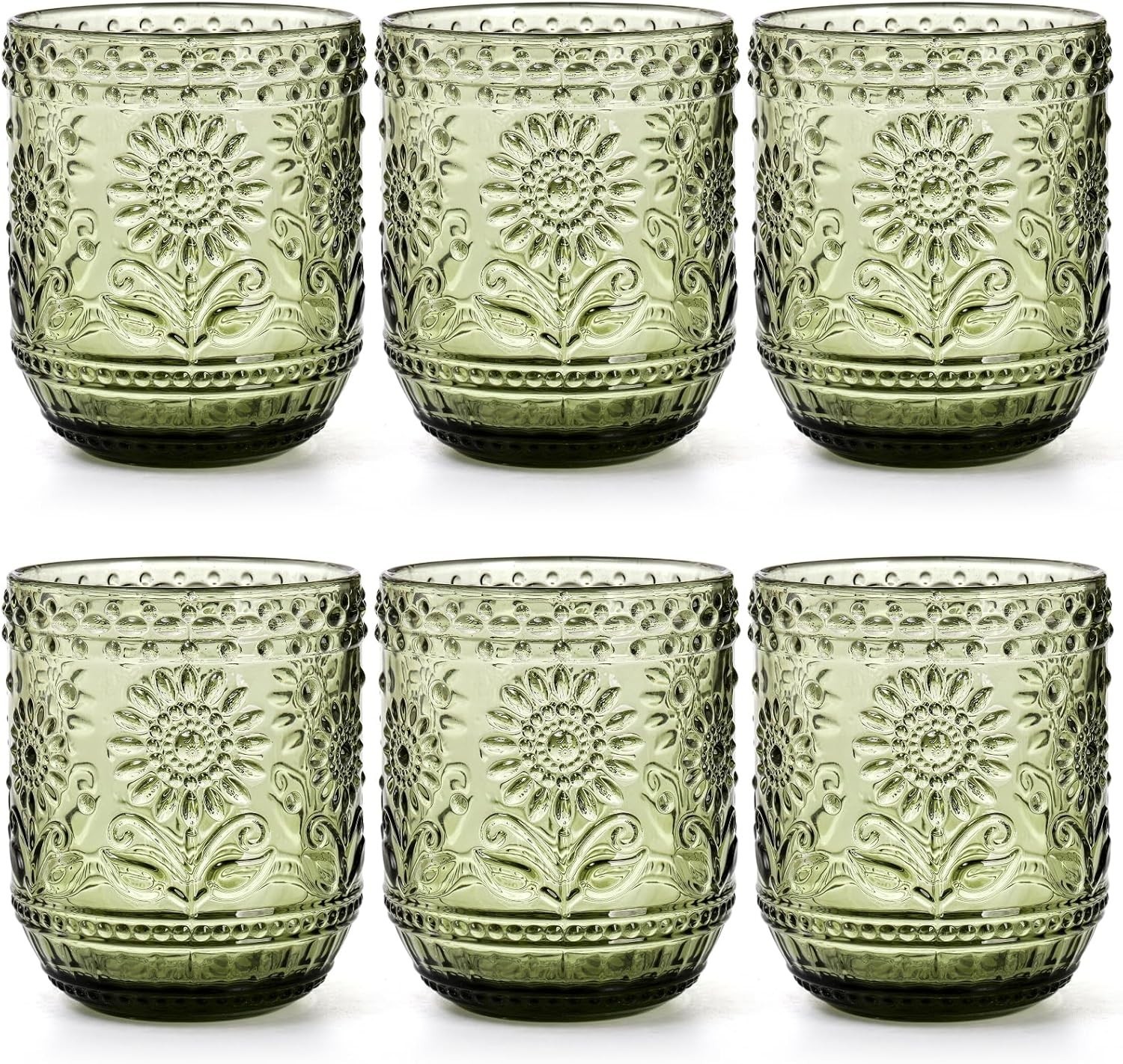 Set of 6 Vintage Drinking Glasses 12 Oz Green Colored Glassware Floral Embossed