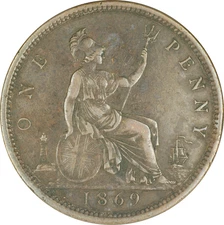 1869 High Grade UK One Penny Copper Coin TOUGH DATE CHOICE XF