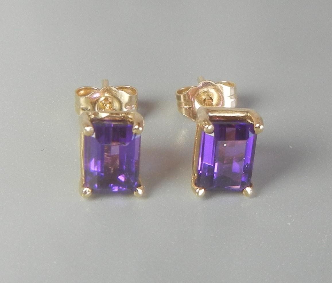 14K Solid Gold Earrings Amethyst Post Emerald-Cut… - image 1
