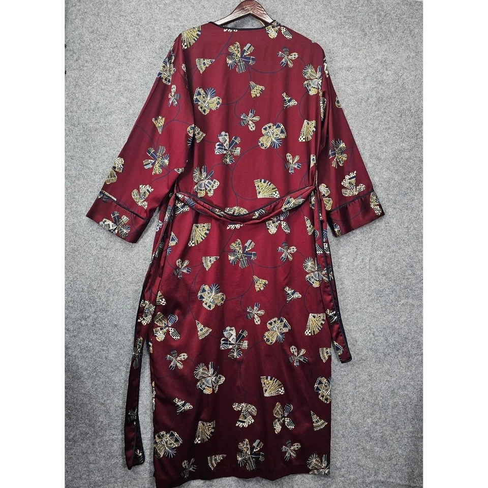 NATORI Robe Women M Burgundy Satin Kimono Fan Chinoiserie Lounge Gown Luxury - Image 2 of 4