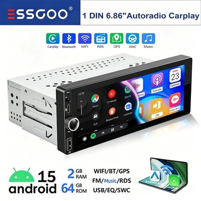 6.86'' Autoradio 2+64G Carplay 1 DIN Android 15 GPS Typ-C USB Navi WiFi RDS BT FM