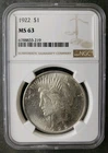 1922 $1 Peace Silver Dollar NGC MS63