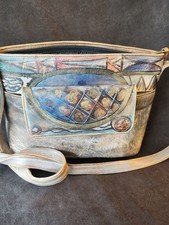 Borsa a tracolla vintage Jane Yoo "Wearable Art" in pelle dipinta a mano