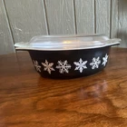PYREX Black Snowflake Oval Glass Casserole with Lid USA Vintage