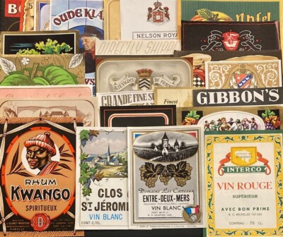 1940-1960 Vintage Lot of 25 European Wine Paper Labels ''New Old Stock'' W-1