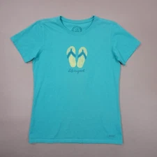 Life Is Good Flip Flops Classic Fit Tee Womens Small Blue Green Cotton T Shirt