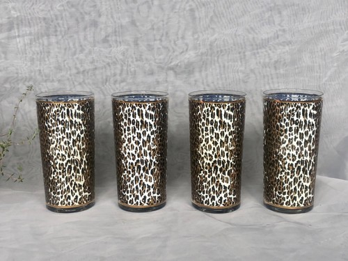 VINTAGE Leopard Print Glassware Set 1950s Barware High Ball Glasses - Picture 3 of 10