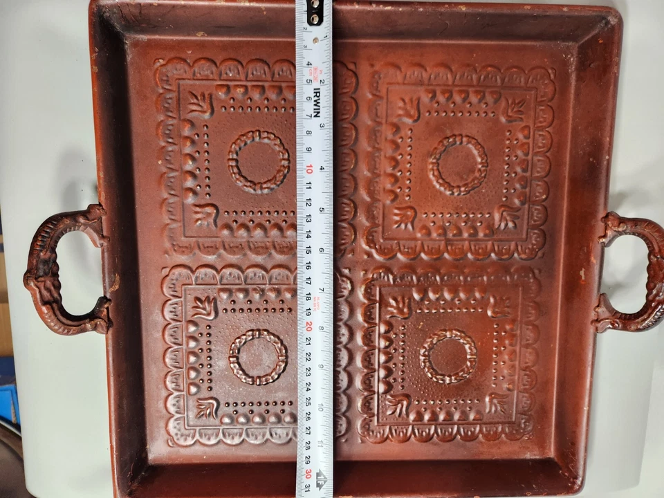 Metal square serving tray 12.5" w/handles rust colour relief cast iron heavy GUC - Image 3 of 4