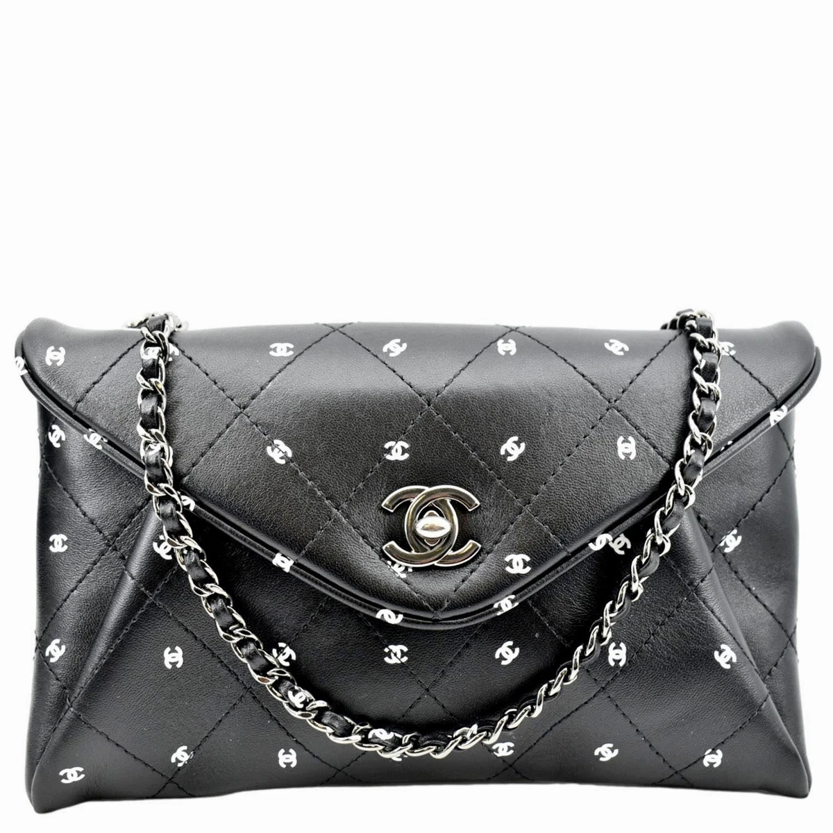 CHANEL CC Envelope Printed Leather Chain Clutch Bag Black