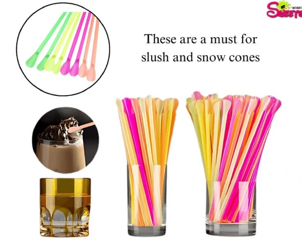 SUMTASA PLA Neon Spoon Straws,Frozen Drinks,Slushie,White Strong,6x200mm,biodegradable