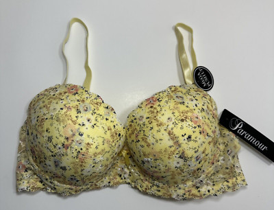 Paramour Underwired Mega Push Up Underwire Bra Size 38C Yellow Floral Lace NWT
