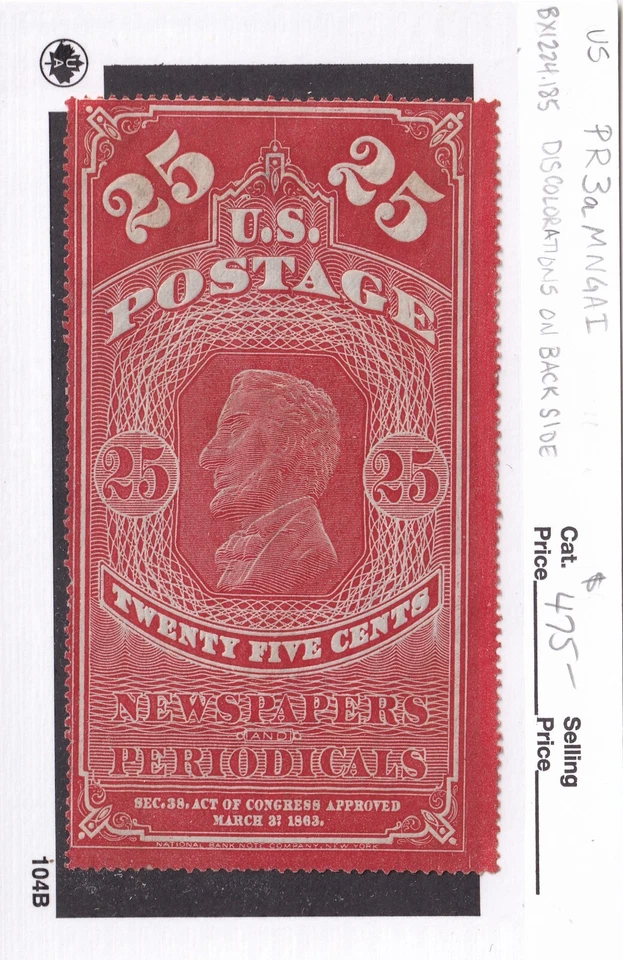 MATT'S STAMPS US SCOTT #PR3a, 25-CENT NEWSPAPER STAMP, MHNGAI, CV $475 - Image 3 of 3